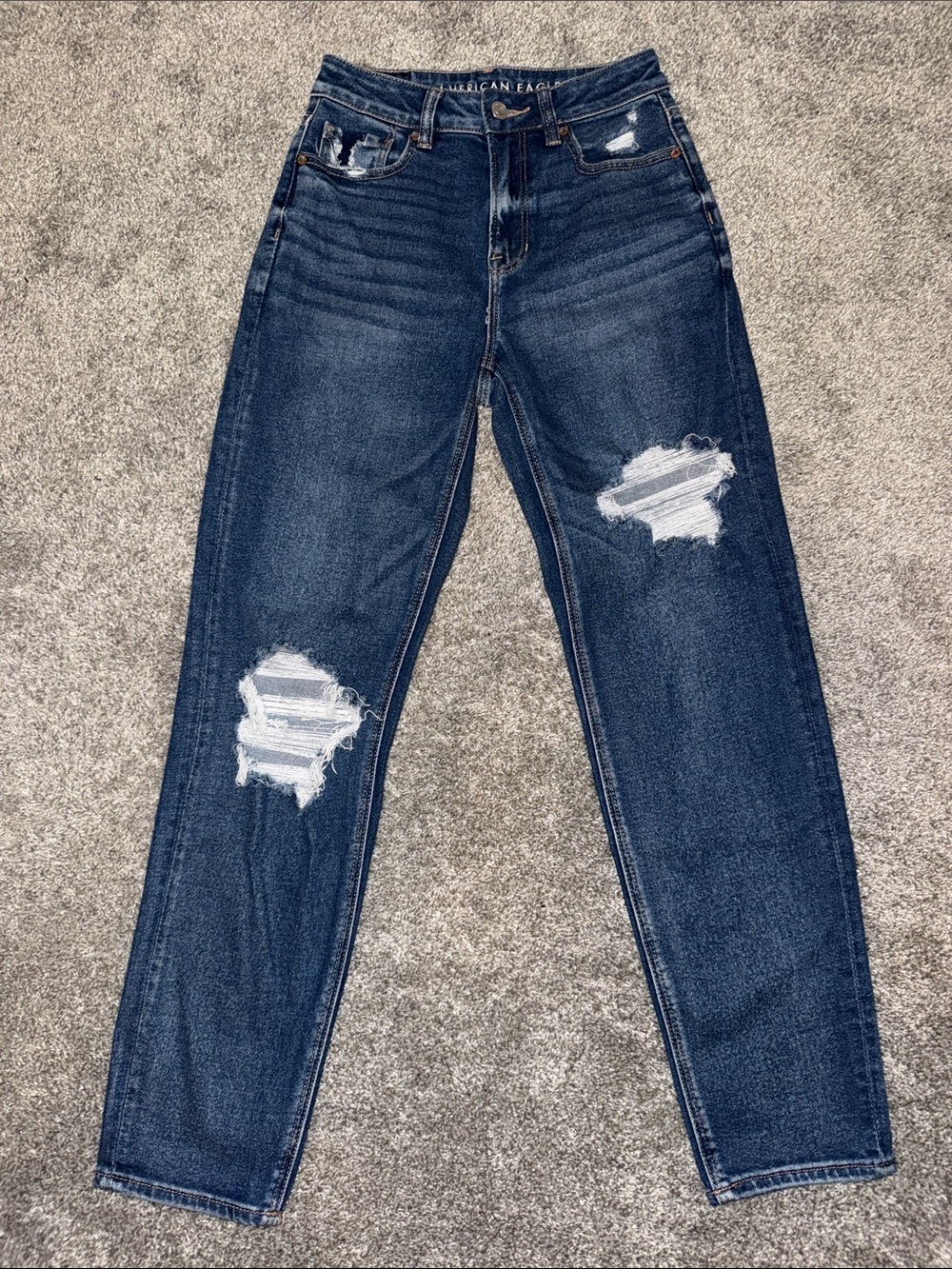 American Eagle Stretch Mom Straight Jeans Dark Wash Distressed Ripped - 0 Long